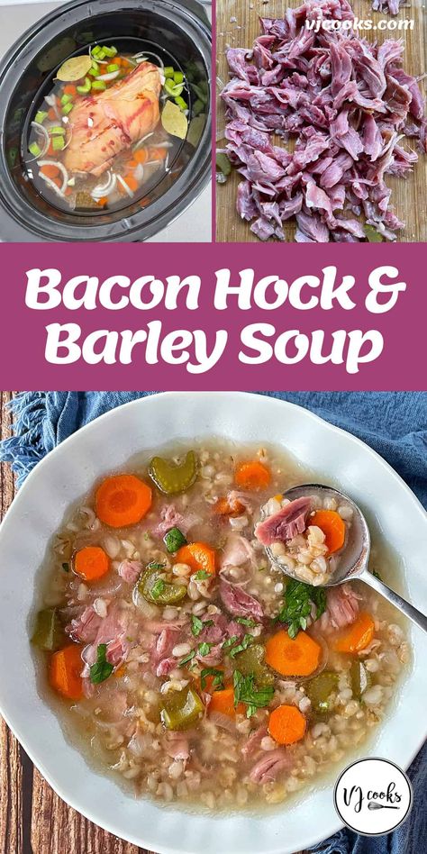 A healthy and hearty soup made from bacon hock, barley, carrot, celery and onion cooked in a broth in the slow cooker. When they ham hock is tender and cooked through, the meat can be shredded and added back to the tasty soup mix. An excellent option for the cooker months. #vjcooks #soup #baconhocksoup Bacon Hock Soup Slow Cooker, Ham Hock Soup Recipes Slow Cooker, Ham Hock Recipes Crockpot, Ham And Barley Soup, Bacon Hock Recipes, Bacon Hock Soup, Ham Hock Slow Cooker, Pork Hock Soup, Whole Chicken Soup