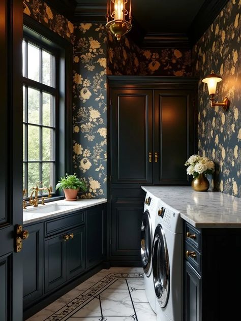 Opulent laundry space featuring moody floral wallpaper and marble countertop Dark Bathroom Ideas Wallpaper, Moody Maximalist Wallpaper, Moody Blue Laundry Room, Dark Academia Laundry Room, Dark Moody Laundry Room, Moody Cottage Interior, Moody Laundry Room Ideas, Gothic Laundry Room, Dark Laundry Room