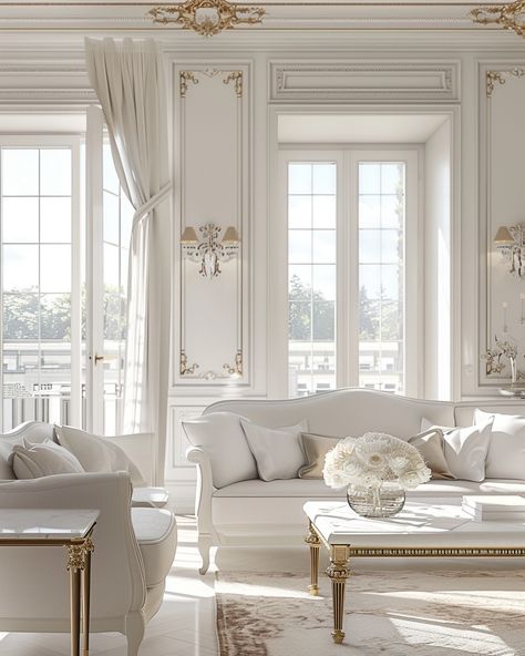 French Interior Design Living Room, White And Gold Living Room, Gold Living Room Ideas, White And Gold Decor, English Living Room, Gold Living, French Interior Design, Modern French Country, French Country Living Room