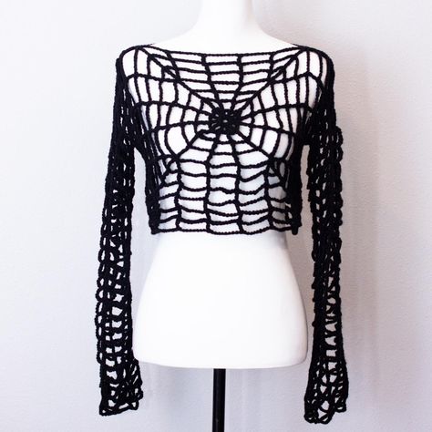 Halloween Spiderweb Crop Top Sweater/Mesh... - Depop Spiderweb Sweater, Spiderweb Top, Mesh Sweater, Crochet Halter, Halloween Spider Web, Mesh Sleeves, Crop Top Sweater, Halloween Crochet, Spider Web