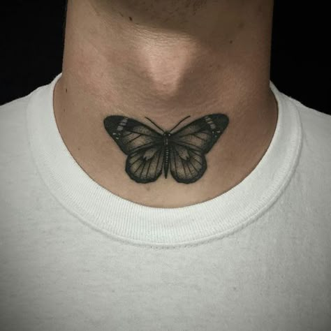 Neck Tattoo Idea Butterfly Picture Butterfly Neck Tattoo Men, Butterfly Tattoo Designs Men, Aesthetic Neck Tattoo, Guy Neck Tattoos, Lower Neck Tattoo, Neck Butterfly Tattoo, Butterfly Tattoo Neck, Chest Neck Tattoo, Neck Tattoo Ideas