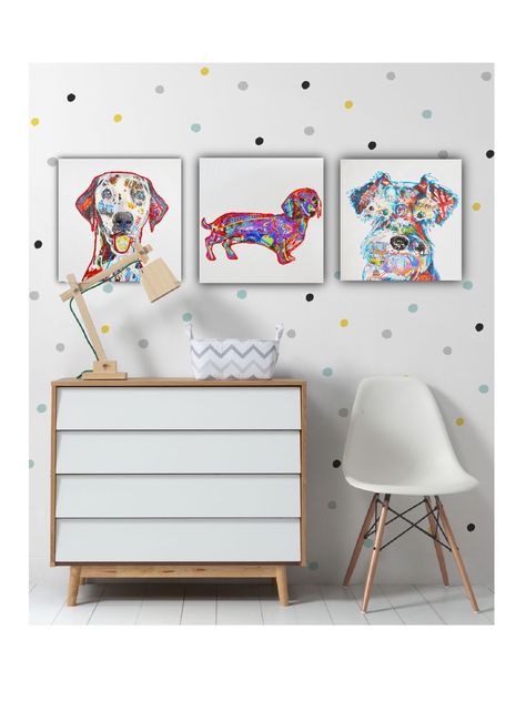 Kids room decor with afffordable dog themed art. Sausage dogs, schnauzers and dalmations. Playful art the kids will keep forever. Ideal for nursery rooms, childrens bedrooms, kids rooms, play rooms. #PlayRoom #PlayRoomInspiration #nursery #diyart #creativeprojects #kidsart #kidsroom #bedroom #playfulart #animalart #featurewall #tryptic #scandikids #dogportrait #scandinaviandecor #scandidesign #dottywallpaper #wallpaper #boysbedroom #play #girlsbedroom #newbaby #Scandinavianhome #teenbedroom Dog Theme Bedroom Ideas, Dog Themed Room Ideas, Girls Dog Themed Bedroom, Dog Themed Bedroom Kid Rooms, Dog Theme Bedroom, Dog Themed Room, Dog Themed Bedroom, Storage Bedroom Ideas, Traditional Home Kitchen