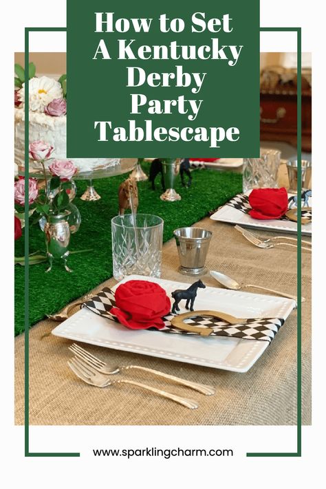 How to Set A Kentucky Derby Party Table. Inspired by traditional derby colors I had a little fun mixing textures, patterns, and fresh flowers to create a Derby Glam table. #kentuckyderby #derbyideas #kentuckyderbyparty #redreoses #tablescapes #kentuckyderbytable Derby Centerpiece Ideas, Kentucky Derby Tea Party Ideas, Kentucky Derby Gala, Derby Themed Party, Derby Party Ideas, Kentucky Derby Aesthetic, Kentucky Derby Diy, Kentucky Derby Tablescape, Kentucky Derby Centerpieces