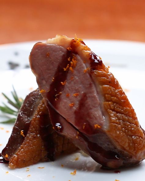 Seared Duck Breast With Red Wine Jus And Orange, Olive Oil Mash Recipe by Tasty Red Wine Jus, Duck Fat Fries, Orange Olive Oil, Mashed Potato Recipe, Seared Duck, Mash Recipe, Duck Breast, Duck Recipes, Potato Recipe