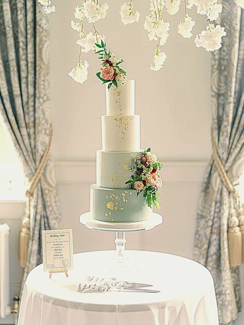 Sage green, gold leaf, buttercream, white, elegant, timeless wedding cake Green Ombre Wedding Cake, Sage Green Buttercream, Cake With Edible Gold, Ombre Wedding Cake, Green Buttercream, Tall Wedding Cakes, Gold Leaf Cakes, 4 Tier Wedding Cake, Green Wedding Cake