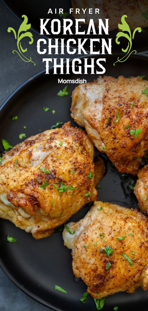 These air fryer Korean chicken thighs are so easy to make and are prepared in under 30 minutes. The chicken stays moist on the inside and has a crispy, skin on the outside! Air Fryer Bone In Chicken Thighs, Air Fryer Chicken Thighs Bone In, Korean Chicken Thighs, Air Fryer Potato Chips, Make Chicken Broth, Potato Chip Recipes, Air Fryer French Fries, Air Fryer Chicken Thighs, Air Fryer Baked Potato