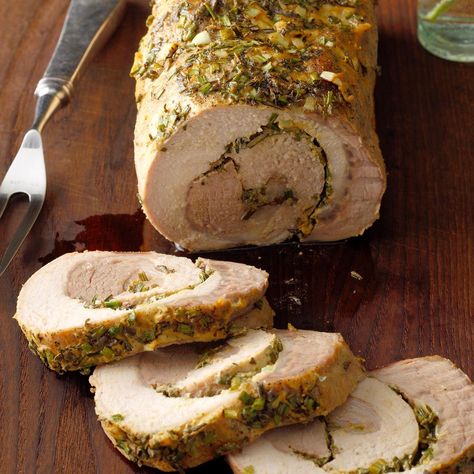 Herb-Stuffed Pork Loin Potato Leek Gratin, Pork Stuffing, Keto Easter, Stuffed Pork Loin, Healthy Easter Recipes, Kung Pao Chicken Recipe, Stuffed Pork, Easter Dinner Recipes, Pork Loin Roast