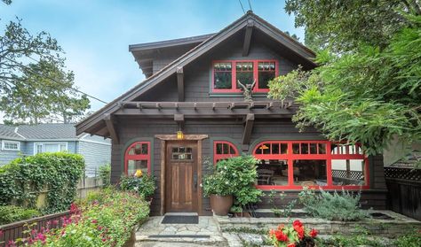 Built in 1900 by famed local architect and builder, MJ Murphy, this 2 story redwood cottage is one of the best curated of it's time. The interior is finished in raw redwood, board and batten perfection, complemented by original hardwood floors. 1920 Craftsman Bungalow, Bungalow Fireplace, California Craftsman, Craftsman Style Bungalow, California Bungalow, Craftsman Bungalow, Carmel Ca, Outdoor House, Craftsman Style Homes