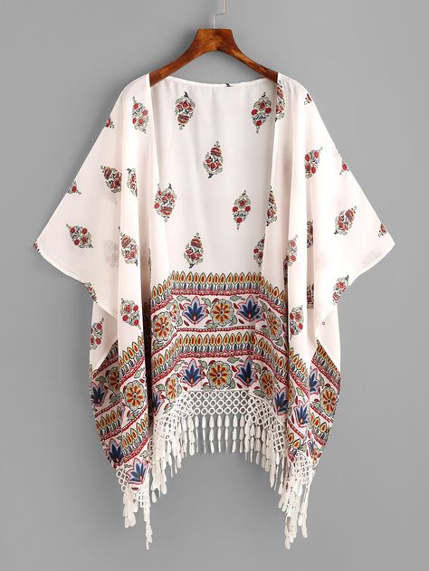 Shop Floral Print Tassel Asymmetric Hem Kimono online. SheIn offers Floral Print Tassel Asymmetric Hem Kimono & more to fit your fashionable needs. Looks Hippie, Kimono Online, Mode Kimono, Casual Kimono, Chiffon Kimono, Estilo Hippie, Fashion Tops Blouse, Trendy Fashion Tops, Muslim Fashion Outfits