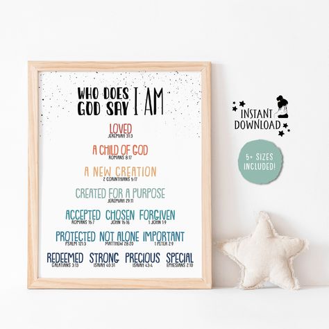 Excited to share the latest addition to my #etsy shop: Identity In Christ, Christian Education Kids Affirmations, Sunday Bible School Learning kids Church Classroom Decor, Bible Scripture Verse https://etsy.me/3QiBpU6 #white #unframed #kids #phrasesaying #vertical Bible Verse For Classroom, Christian Preschool Classroom Decor, Church Classroom Decor, Affirmation Mirror, Prayer Poster, Kids Affirmations, Christian Classroom, Sunday School Rooms, Sunday School Classroom