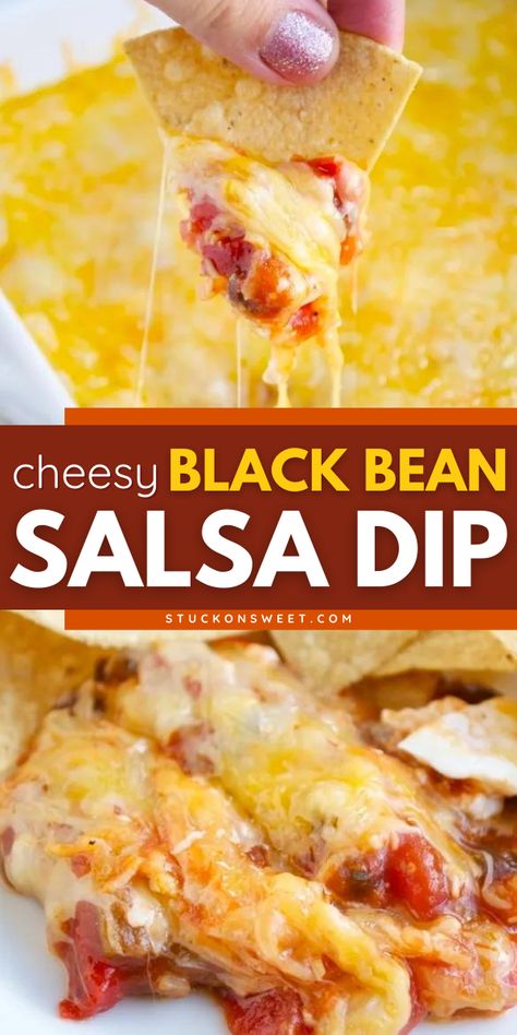 Your party food ideas must have this black bean dip! This 4th of July recipe doesn't disappoint. Baked with cream cheese and cheeses, this Cheesy Black Bean Salsa Dip is so delicious! Save this pin! Black Bean Dip Easy, Black Bean Salsa Dip, Bean Salsa Dip, Bean Cheese Dip, Cheesy Dips, Cream Cheese Taco Dip, Dip Recipes Hot, Cold Dip Recipes, Bean Dip Recipes