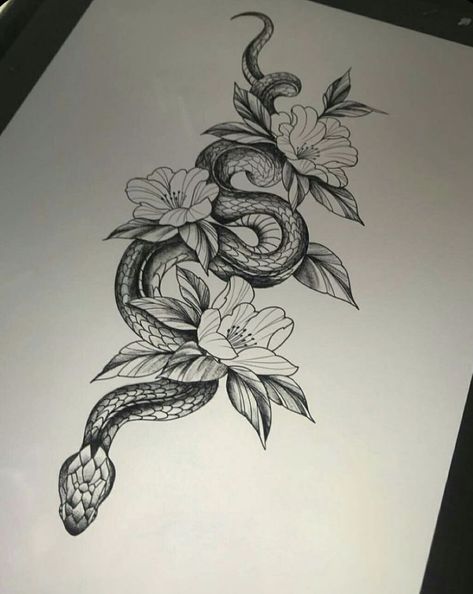 A Snake Tattoo, Snake And Flowers, Tato Maori, Feminine Nature, Jaguar Tattoo, Rabbit Tattoo, Tato Henna, Nature Tattoo, Snake Tattoo Design