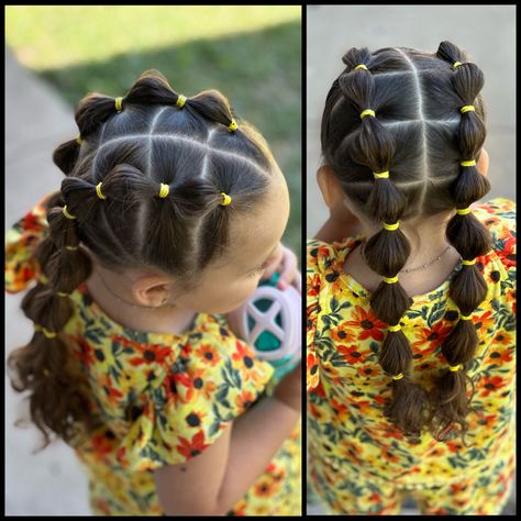 Hairstyle With Bubble Braids, Pig Tail Bubble Braids, Girls Bubble Braid, Curly Hair Bubble Braid, Pig Tails Hairstyles Kids, Pig Tail Hairstyles Kids, Pigtail Hairstyles For Kids, Two Pigtails Hairstyles, Bubble Braids Hairstyle