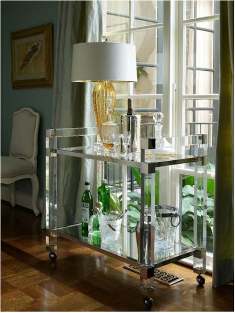 Jan Showers Lucite Bar Cart, Acrylic Bar Cart, Potted Boxwood, Bandeja Bar, Lucite Furniture, Holiday Bar, Gold Bar Cart, Driven By Decor, Glamour Decor