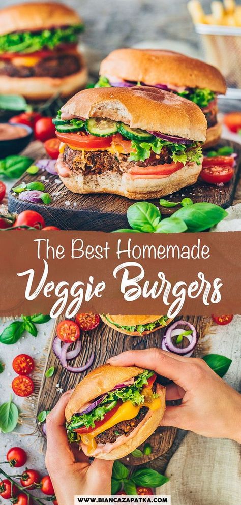 These delicious Veggie Burgers are easy to make with protein-rich lentil patties made with healthy ingredients! They have a classic burger flavor and pair well with any toppings – Just like the McDonalds Clubhouse Veggie Burger or the new McPlant, but homemade, healthier and 100% vegan! Lentil Burger Recipe Easy, Veg Burgers Recipe, Lentil Burger Recipe, Lentil Veggie Burger, Vegan Lentil Burger, Vegan Burger Patties, Lentil Patties, Veggie Burger Patties, Homemade Veggie Burgers