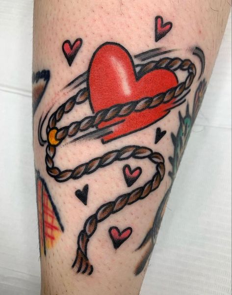 Love Tattoos Traditional, Lasso Heart Tattoo, Vintage Valentine Tattoo, Complimentary Tattoos Couples, American Traditional Couple Tattoo, Western Tattoo Traditional, American Traditional Valentine Tattoo, American Traditional Name Tattoo, Romantic Traditional Tattoo