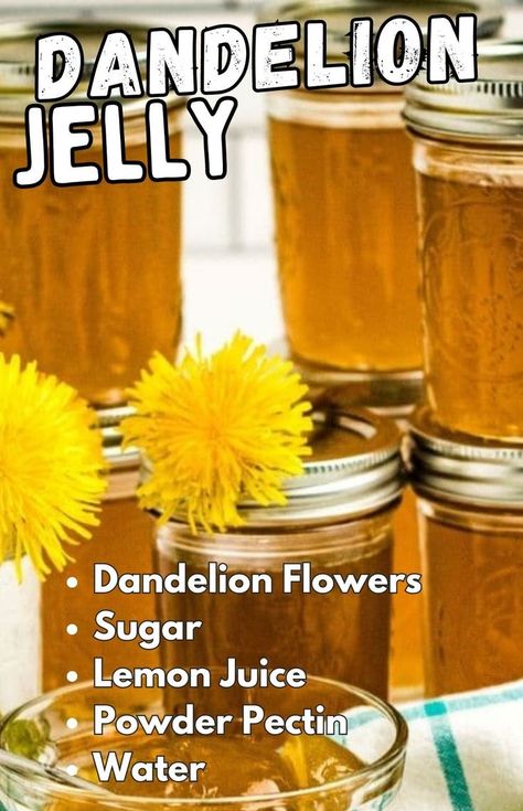 jars of dandelion jelly on table Dandelion Jelly Recipe, Dandelion Tea Recipe, Homemade Elderberry, Popular Desserts Recipes, Edible Flowers Recipes, Jam Recipes Homemade, Dandelion Tea, Dandelion Jelly, Jelly Recipe