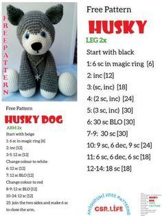 Husky Dog Crochet Pattern, Amigurumi Husky Dog Free Pattern, Husky Amigurumi Free Pattern, Male Crochet Patterns, Husky Amigurumi Pattern Free Crochet, Crochet Husky Pattern Free, Husky Crochet Pattern Free, Husky Crochet Pattern, Crochet Puppies