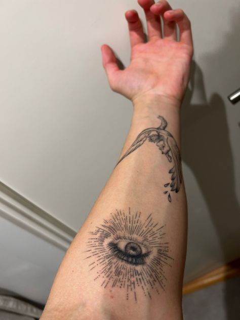 Tattoo, third eye, men tattoo Eye Tattoo Forearm, All Seeing Eye Meaning, Patch Work Sleeve, 2023 Tattoo Ideas, Third Eye Tattoo, Third Eye Tattoos, All Seeing Eye Tattoo, Tattoo Symbolism, Tattoos 2023