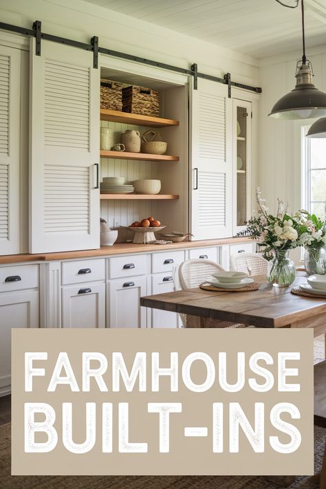 Follow the link for more cozy farmhouse dining room built-in ideas. 🏡🌾 Farmhouse-style built-in cabinets combine rustic charm and practicality. With shaker-style doors, open shelves, and distressed wood accents, these cabinets add character to your dining room. 🍽️🌿 Whether used in a built-in buffet or dining cabinet, this design creates a warm and welcoming atmosphere perfect for family gatherings.