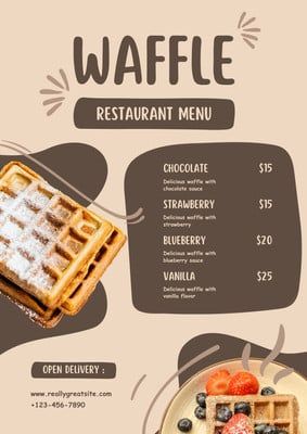 Beige Creative Waffle Special Menu - Templates by Canva Waffles Menu Design, Waffle Menu Design Ideas, Waffle Menu Ideas, Waffle Poster Design, Waffle Flavor Ideas, Menu Ideas Design Creative, Waffle Menu Design, Dessert Menu Design Ideas, Waffles Business