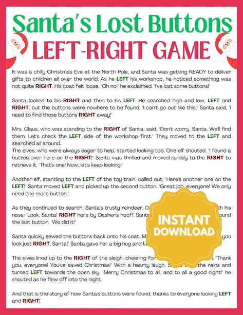 Santa's Lost Buttons Left Right Game Left Right Christmas Game Left Right Christmas Printable Right Left Game Pass the Prize - Etsy Left Right Game For Quilters, Right Left Game Christmas, Christmas Right Left Game, Left Right Christmas Game Free Printable, Left Right Game Christmas, Left Right Game Story, Christmas Left Right Game, Right Left Game, Left Right Christmas Game