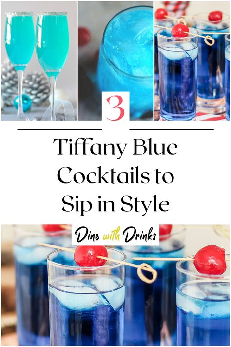 Collage of 4 tiffany blue cocktails. Tiffany Blue Drinks, Tiffany Blue Cocktail, Blue Cocktail Recipes, Chicken Dumpling, Chicken Dumpling Soup, Dumpling Soup, Blue Drinks, Dumplings For Soup, Blue Cocktails