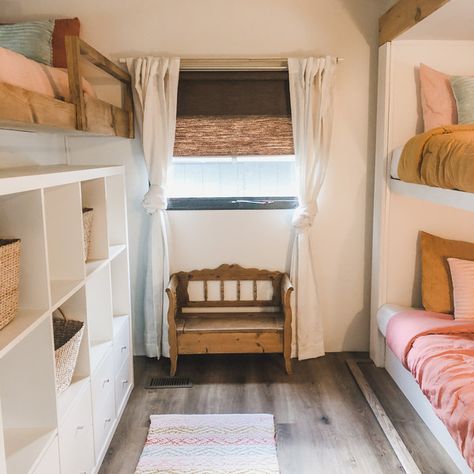 Vibe Bunk Room Renovation Camper Bunk Bed Ideas, Camper Bunk Beds, Bunk Room Ideas, Rv Interior Remodel, Camper Interior Design, Diy Camper Remodel, Rv Homes, Rv Renovations, Camper Makeover