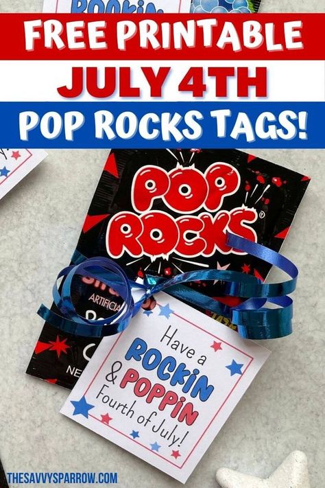 Need Fourth of July party favors ideas for your patriotic party this year? These cute 4th of July Pop Rocks party favors are easy to make with free printable July 4th gift tags! Just print the gift tags for pop rocks candy, cut them out, and tie them on to Pop Rocks for easy patriotic party favors! Patriotic Party Favors, Pop Rocks Candy, July 4th Party, Fourth Of July Party, Marketing Gift, Rock Gifts, Party Pops, Patriotic Party, Valentines School