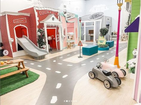 Kids Indoor Gym, Play Town, Pretend City, Luxury Playhouses, Kids Party Venues, Indoor Play Places, Kids Indoor Play, Play Cafe, Kindergarten Interior