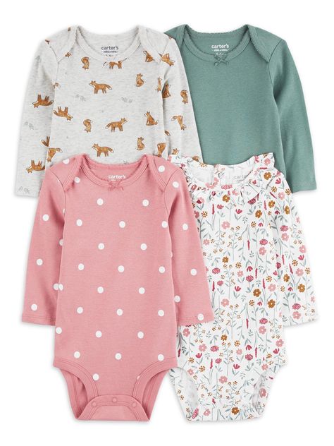 Arrives by Fri, Jan 26 Buy Carter's Child of Mine Baby Girl Bodysuit, 4-Pack, Sizes Preemie-18 Months at Walmart.com Carters Size Chart, Body Manga Longa, Baby Bath Time, Baby Basics, Carters Girl, Cotton Bodysuit, Carters Baby, Baby Outfits, Unisex Baby