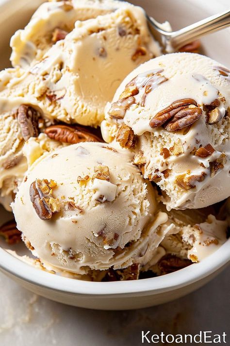 Keto Dairy Free Ice Cream Recipes, No Churn Paleo Ice Cream, Keto Chow Ice Cream, Paleo Ice Cream Recipes, Low Carb Ninja Creami Recipes, Keto Butter Pecan Ice Cream, Keto Ice Cream Recipe, Butter Pecan Ice Cream Recipe, Low Carb Ice Cream Recipe