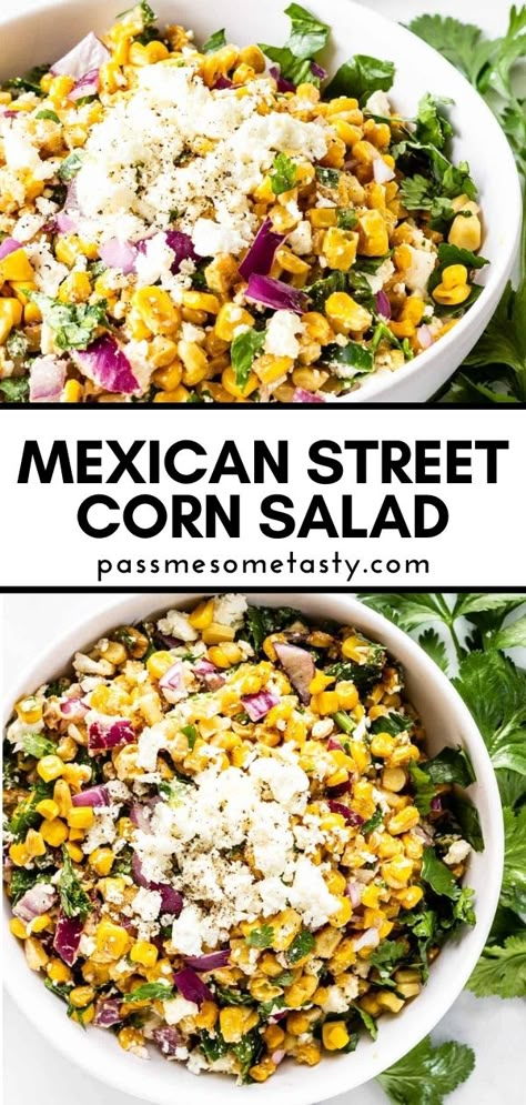 Mexican street corn salad in a white bowl topped with crumbled cheese and chopped cilantro. Spicy Corn Salad, Cookout Dishes, Street Corn Salad, Cookout Sides, Cookout Side Dishes, Spicy Salad, Spicy Corn, Mexican Street Corn Salad, Gluten Free Sides