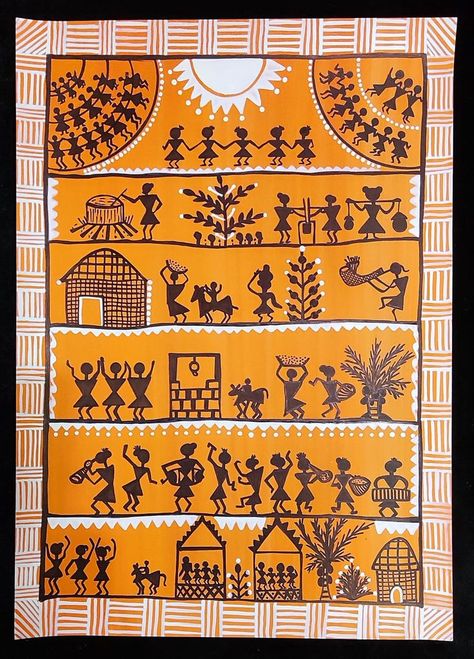 warli art.. Warli Art Designs, Warli Art Painting, Boho Drawing, Warli Paintings, Elementary Drawing, Warli Painting, Warli Art, Board Game Design, Madhubani Art