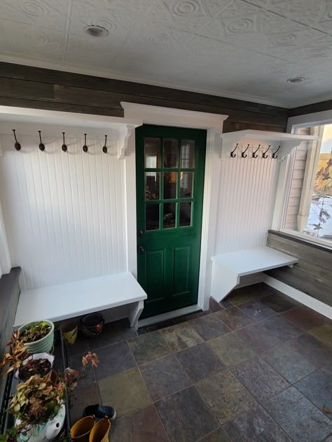 Mudroom Screened In Porch, Mudroom Porch Ideas, Front Mudroom Addition, Mudroom Craft Room Combo, Screened Porch Mudroom, Cottage Mudroom Entrance, Front Porch Mudroom Enclosed, Sunroom Utility Room, Mud Room Sunroom