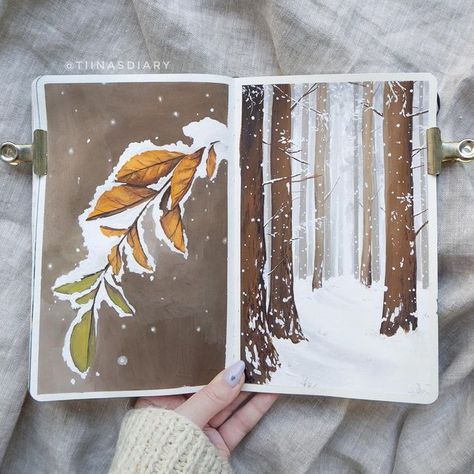 Winter Art Watercolor, Winter Gouache, Gouache Autumn, Gouache Christmas, Winter Sketchbook, Autumn Sketchbook, Watercolour Painting Ideas, Winter Sketch, Winter Drawing Ideas