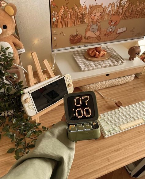 Nintendo Switch Setup Ideas, Ditoo Speaker, Cottagecore Gaming Setup, Cosy Gaming, Aesthetic Setup, Desktop Ideas, Emoji Diy, Cottagecore Room, Future Aesthetic