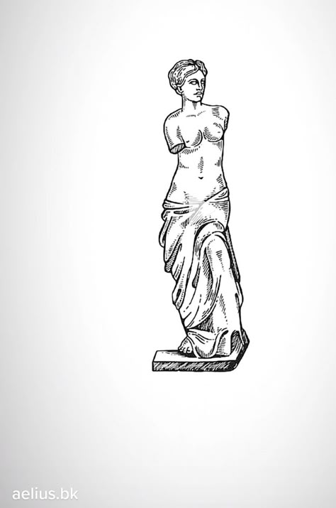 Greek Women Statues Tattoo, Greek Statue Drawing, Honor Tattoo, Art History Tattoo, Greek Statue Tattoo, Greece Drawing, Sculpture Tattoo, Arm Tattoos Lettering, Greek Goddess Statue