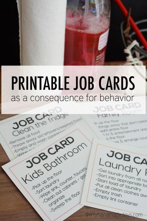 Printable job cards for kids. They use it as a consequence but I like the idea of using it as a way to get kids involved in helping with family chores. Each kid gets one task a week.: Thinking Maps, Job Cards, Kid Responsibility, Job Chart, Printable Chore Chart, Chore List, Kids Flooring, Parenting Help, Chores For Kids