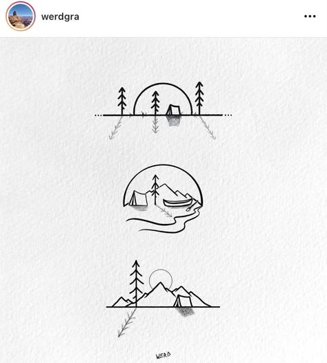 Adventure Fine Line Tattoo, Wilderness Tattoo Simple, Camping Minimalist Tattoo, Anywhere With You Tattoo, Mountain Sunset Tattoo Minimalist, Simple Mountain And Tree Tattoo, Scouts Tattoo Ideas, Small Camping Tattoo Ideas, Tiny Adventure Tattoos