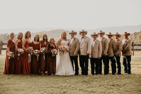 Groomsmen Attire Fall Wedding Jeans, Bridesmaid And Groomsmen Colors Rustic, Burgandy Western Wedding, Western Wedding Bridesmaids And Groomsmen, Brown And Orange Wedding Theme, Burnt Orange Wedding Groomsmen, Tan Western Wedding, Groomsmen And Bridesmaids Colors Fall, Tan And Burnt Orange Wedding