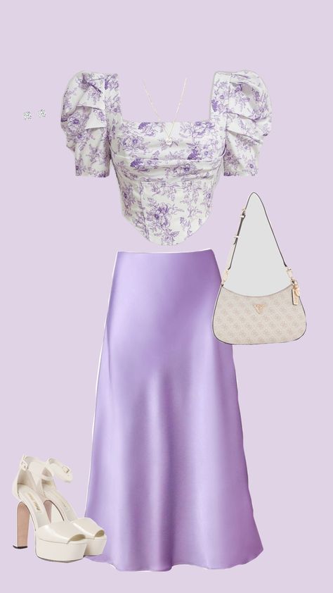 #outfit #chic #wishlist #lavender #aesthetic #cute #gardenparty #teaparty #teapartyvibes Purple Outfit Inspo Aesthetic, White Outfit For Party, Pastel Color Outfit Aesthetic, Lavender And White Outfit, Chic Wishlist, Pastel Color Outfit, Lilac Outfits, Purple Dress Outfits, Tops For Winter