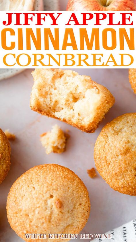 What happens when you take a classic cornbread recipe and mix it with sweet apples and fragrant cinnamon? A mouthwatering upgrade on a traditional favorite that’s perfect for fall (or year-round in our house!). So the key to these easy-to-make cinnamon cornbread muffins is JIFFY CORN MUFFIN MIX. (actually, any cornbread muffin mix but I love me some Jiffy). | @whitekitchenredwine #jiffycornbreadmix #applecornbread #easyhomemadeapplecornbread #cornbread #applecinnamoncornbread Corn Muffin Mix Recipes, Apple Cornbread, Cornbread Muffins Jiffy, Cornbread Dessert, Thanksgiving Corn Bread, Jiffy Mix Recipes, Muffin Mix Recipe, Classic Cornbread, Jiffy Recipes