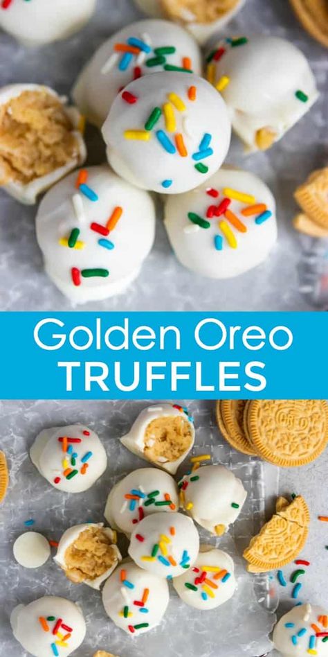 What's better than a Golden Oreo? A Golden Oreo Truffle! These simple, no bake treats are perfect for any party or gathering--dessert has never been this good, and this easy! #oreos #goldenoreos #oreotruffles #nobakedessert Golden Oreo Truffles, Lemon Zest Recipes, Oreo Truffle, Road Snacks, Bake Ideas, Truffle Recipes, Oreo Truffles Recipe, Custom Jewelry Ideas, Dessert Truffles