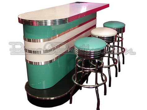 The Custom Bomber Bar can be modified in length, or expanded  into an "L" shape, or "U" shape, or full circle with hinged entry. Basement. Retro Basement, Custom Home Bars, Vintage Diner, Home Bar Design, Retro Bar, Bar Designs, Retro Diner, American Diner, Home Bar Designs