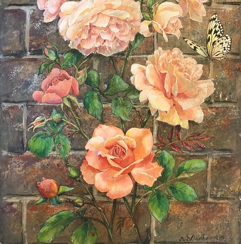 Garage Mural, Peach Colored Roses, Roses Climbing, Stages Of Growth, Book Concept, Colored Roses, Realistic Rose, A Brick Wall, Mural Ideas