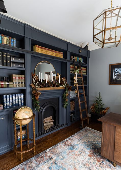 Refined & Rustic Christmas Mantle in the Library · DeeplySouthernHome Bookshelves Fireplace, Rustic Christmas Mantle, Library Fireplace, Living Room Mantle, Farmhouse Apartment, Refined Rustic, Christmas Living Room, Home Library Design, Blue Room