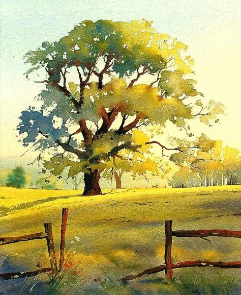 Watercolor Paintings Of Trees, Watercolor Oak Tree, Loose Watercolor Trees, Watercolor Trees Landscape, Watercolour Inspiration Landscape, Tree Drawing Watercolor, Trees Reference, Summer Watercolor Paintings, Trees With Watercolor