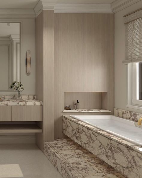 Marble magic #bathroominspiration #homerenovation #bathroomdesign #interiordesigner #bathroomremodel | Instagram Monochromatic Bathroom Ideas, Marble Ensuite, Bathroom With Marble, Monochromatic Bathroom, Marble Bathrooms, Master Bath And Closet, Luxury Details, Bathtub Decor, Primary Bathroom