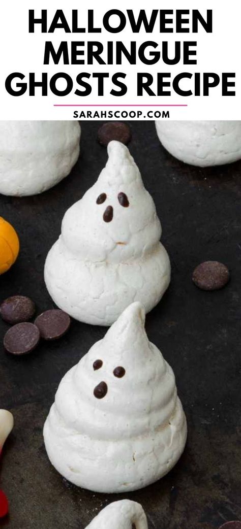 Spooky Treats Alert! 👻 Check out this easy and delicious Halloween Meringue Ghosts recipe. #halloween #meringue #recipe Halloween Meringue, Meringue Ghosts, Ghost Meringues, Disney Movie Night Dinner, Movie Night Dinner, Halloween Themed Food, Meringue Recipe, Disney Treats, Halloween Baking